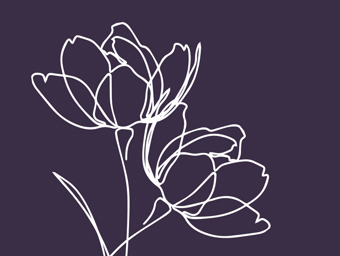 Blommor tecknade i vitt på en lila bakgrund